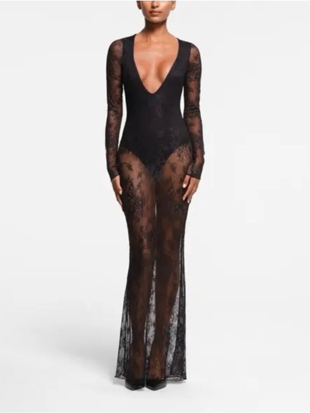 SKIMS Ultra Fine Lace Plunge Long Dress Black Onyx Small NWT
